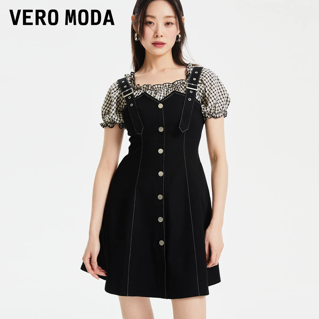Vero Moda连衣裙女牛仔纯色短裙A字泡泡袖收腰氧气裙324342014