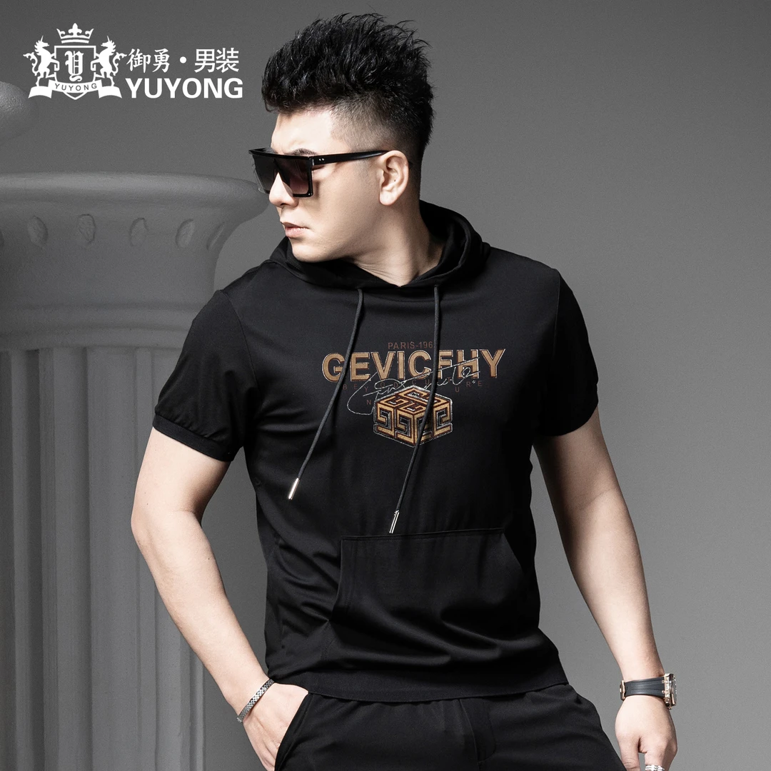 欧洲站2025夏季新款潮流印花半袖t恤男潮牌连帽短袖卫衣男士体恤