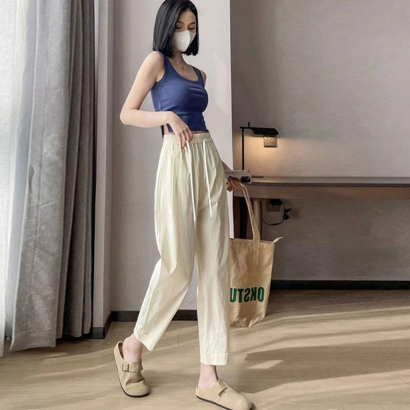 孕妇新款冰丝速干运动裤休闲裤九分裤透气孕早期抽绳哈伦裤萝卜裤