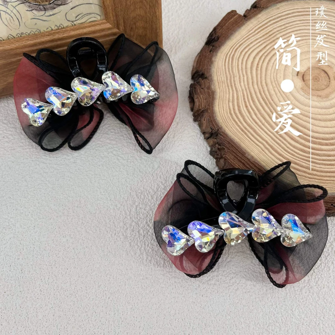 森系时尚气质AB面爱心月光水钻泡泡纱抓夹7cm