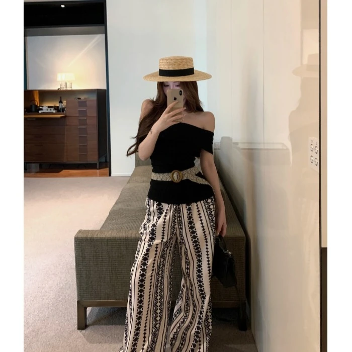 一字肩辣妹短袖T恤女夏季新款黑色短款上衣复古宽松阔腿裤两件套