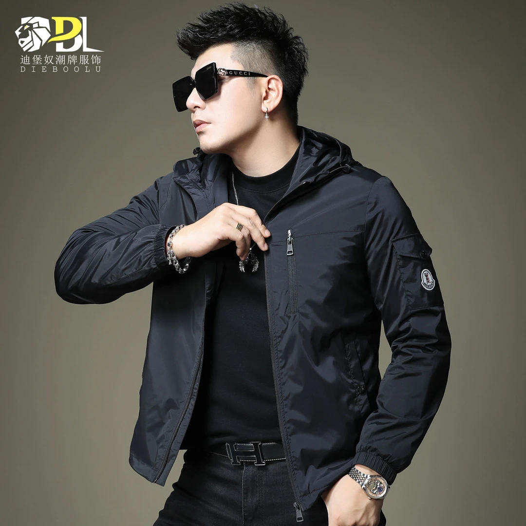 欧洲站新款时尚提花刺绣连帽夹克肩章外套男秋季潮牌男士休闲衣服