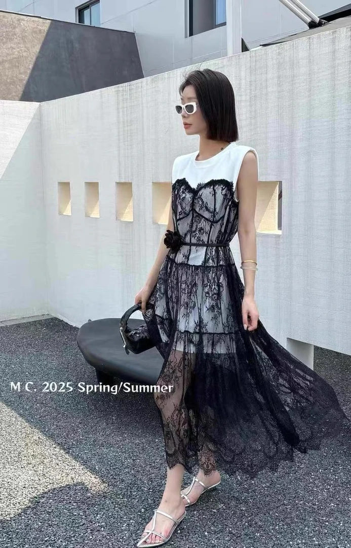 【李李服装】2566春季U型领无袖拼接圆领连衣裙夏季女装纱裙气质