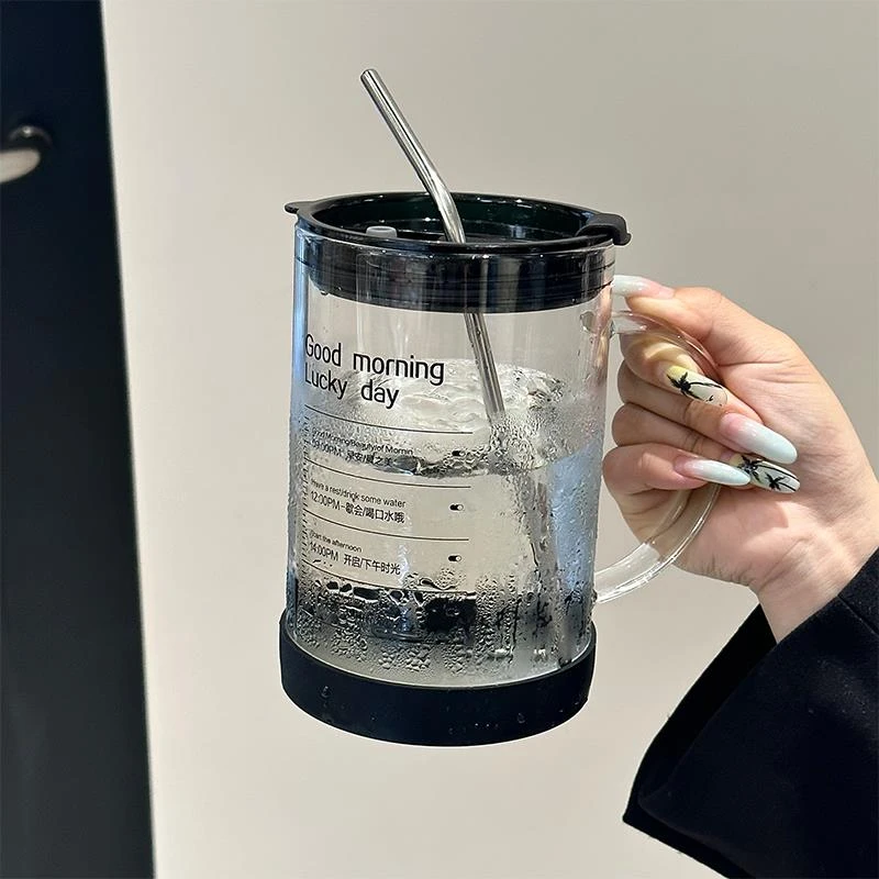 家用办公室水杯女耐高温玻璃杯吸管奶茶杯子马克杯男生带把咖啡杯