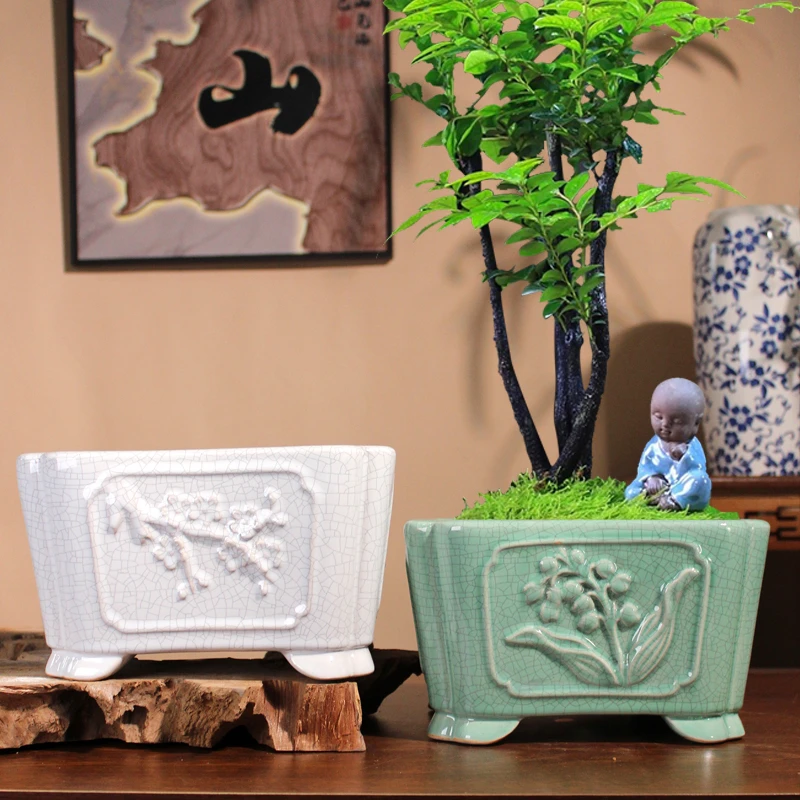复古冰裂釉浮雕四方陶瓷花盆家用清仓长方形用于盆栽盆景美观实用