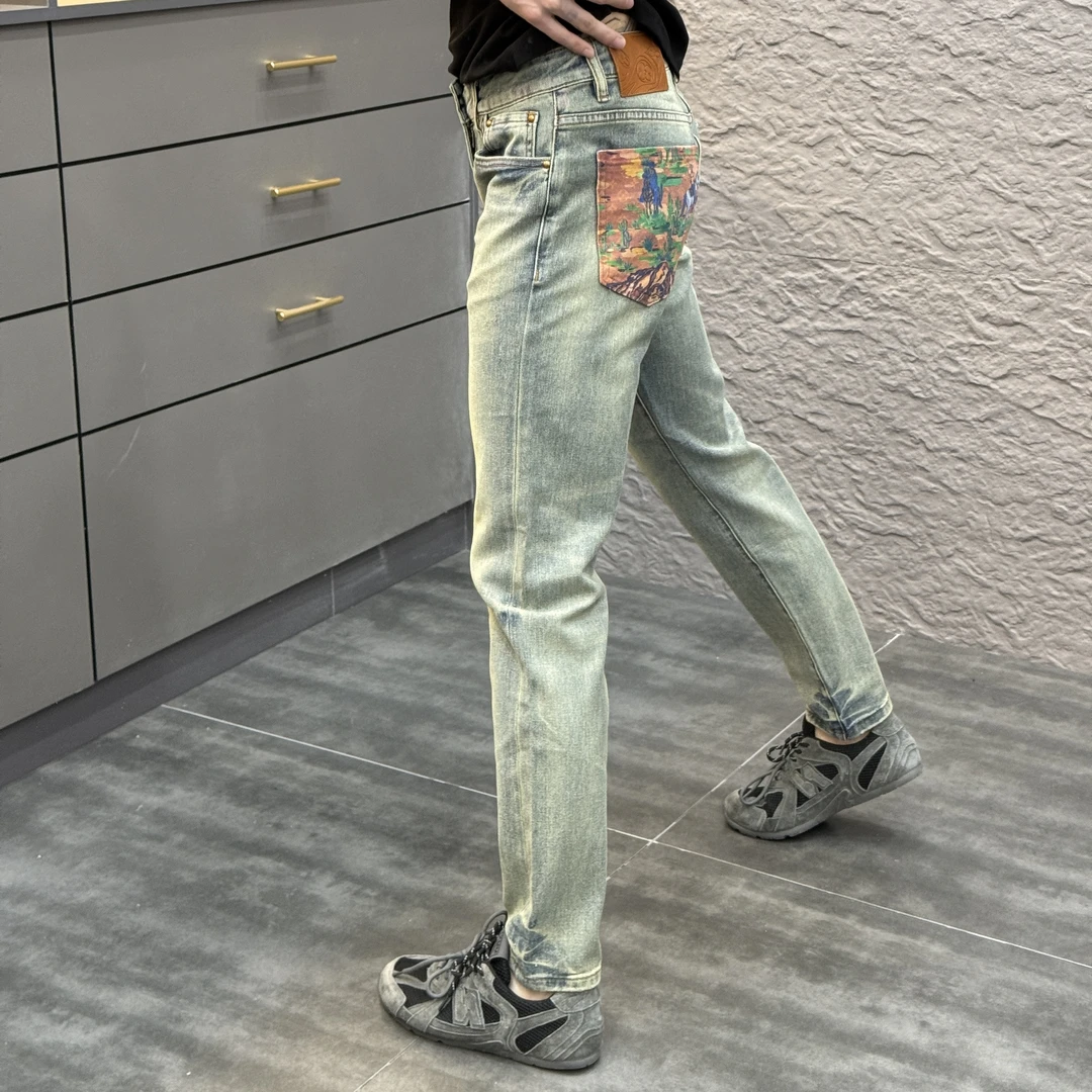 2025春季新款时尚休闲百搭净版薄款印花男士小脚牛仔裤6388