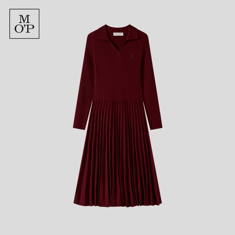 Marc O'Polo秋冬POLO领毛织百褶连衣裙针织a字长袖优雅显瘦女士