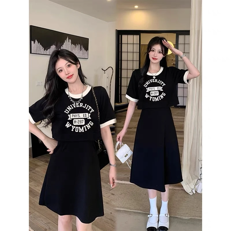 休闲小众设计感假两件连衣裙夏季大码女装胖mm遮肚显瘦黑色裙子女