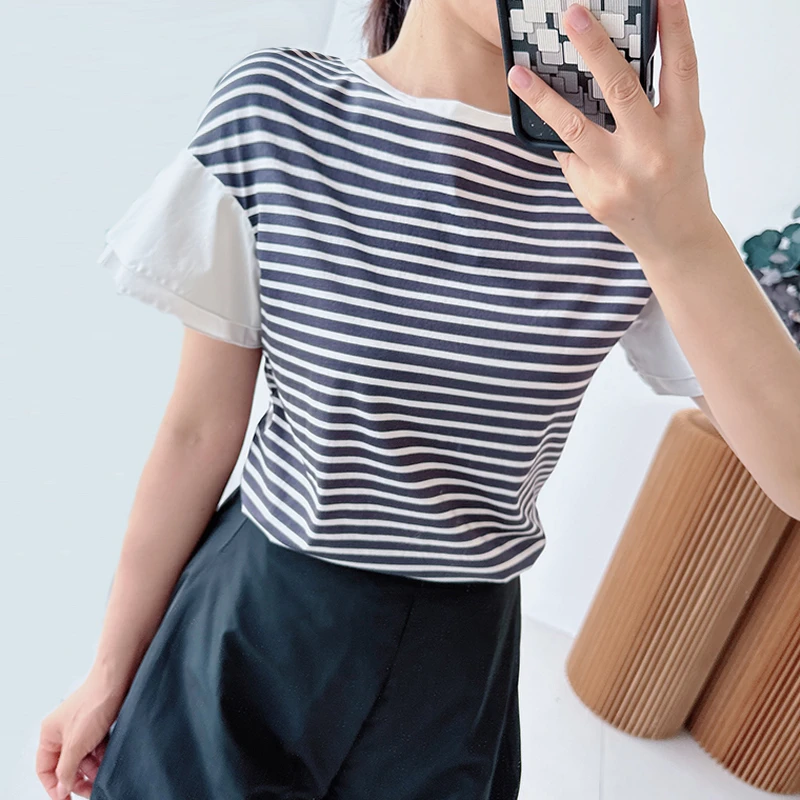 拼接无袖夏装短袖圆领运动休闲风条纹高腰简约T恤-J110008