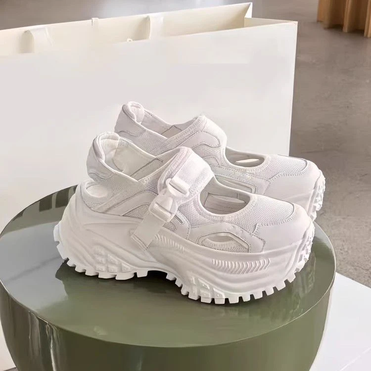 欧洲站老爹鞋女2025新款小个子增高小白鞋百搭魔术贴镂空运动凉鞋