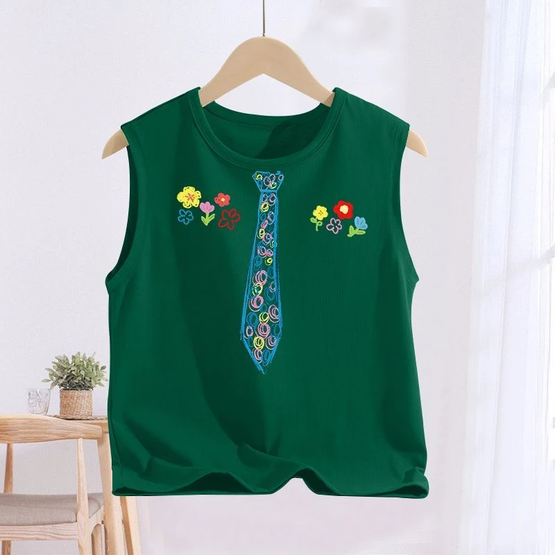 男女童纯棉圆领背心可爱卡通无袖宽松打底衫洋气中大童夏季上衣