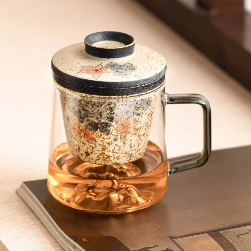 予迟器【绣球花云】青花火石玻璃茶杯茶水分离杯描金复古办公杯