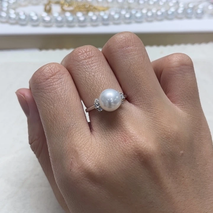 银S925镶嵌戒指海水珍珠澳白9-10m 131号