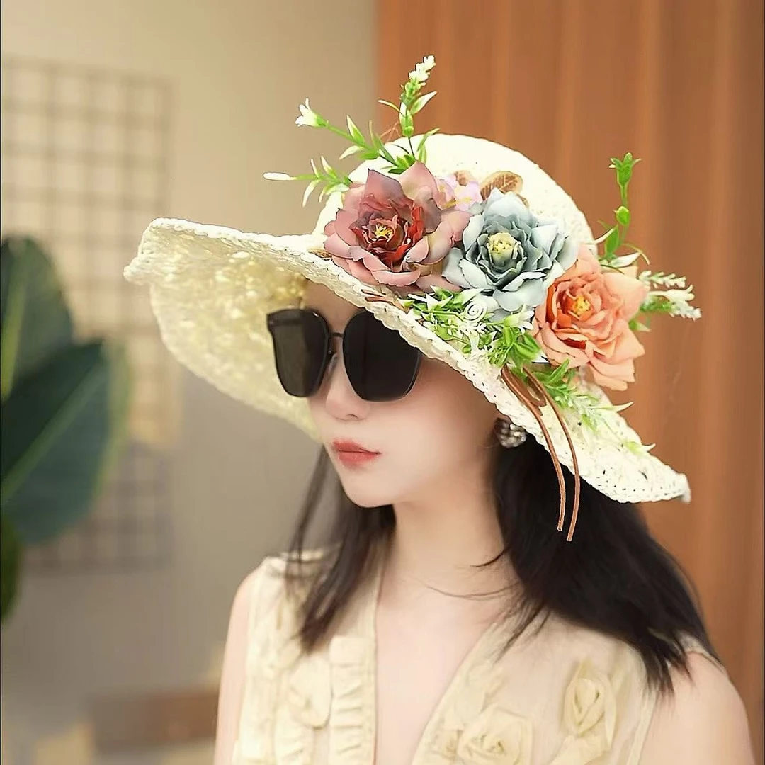 宽檐花朵夏天帽子草帽大檐女户外凉帽女士四季通用