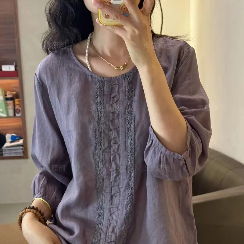 D163-高级质感苎麻宽松文艺女衬衫旅游穿搭必备