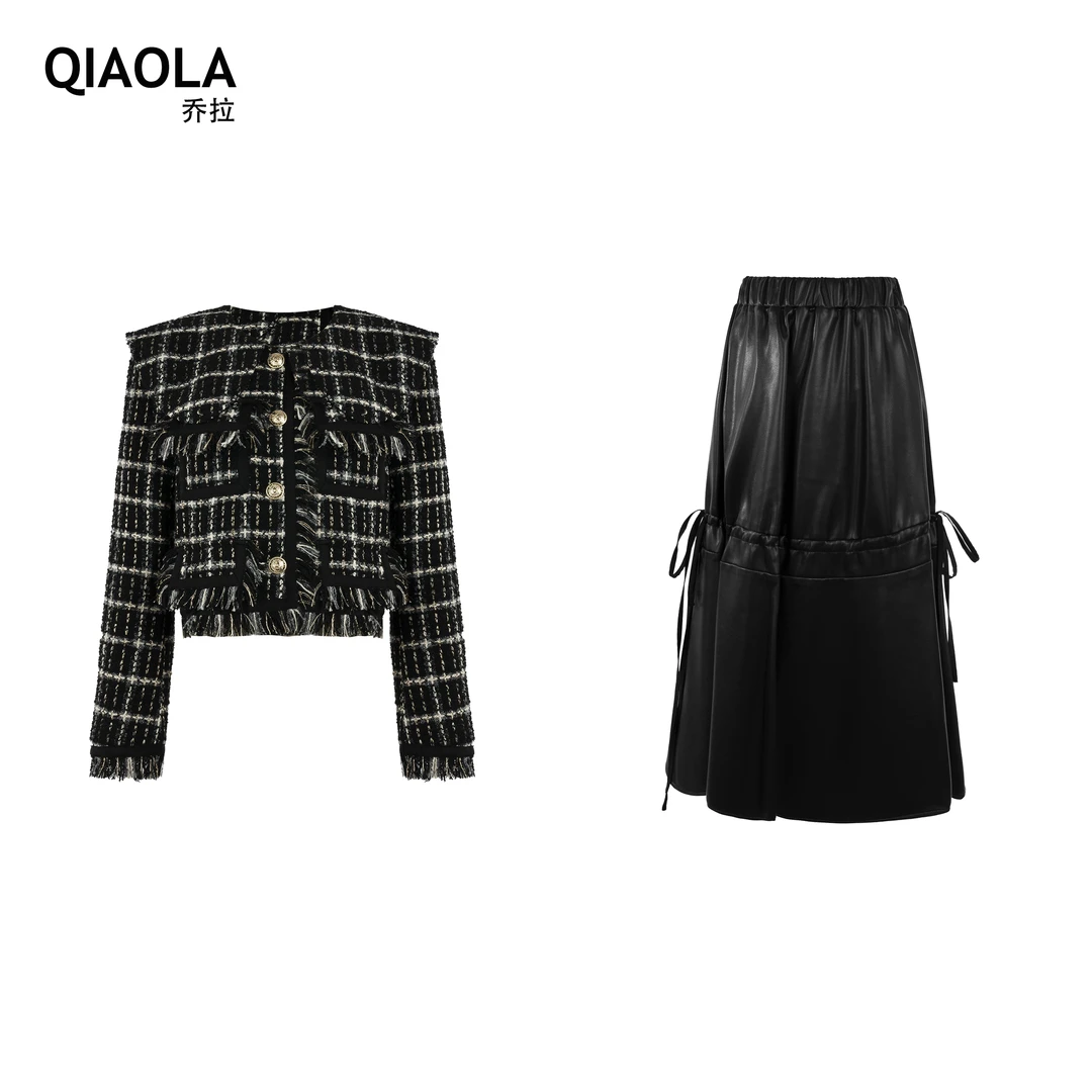 【鎏金时代】秋冬款格纹编织金丝小香风大翻领皮裙时尚套装