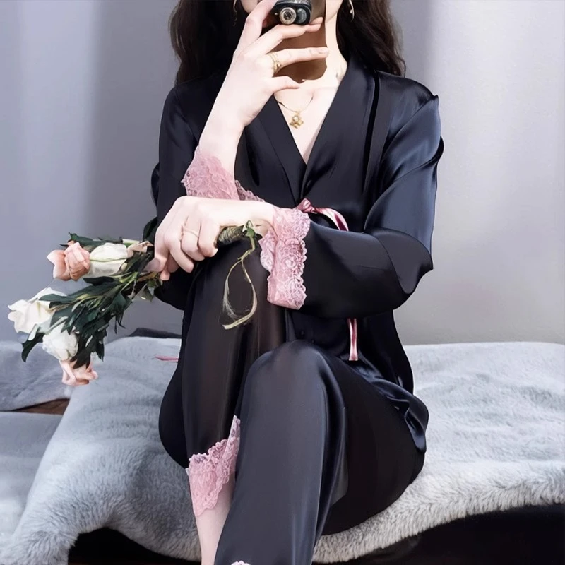 tpvl2025新中式国风睡衣女春秋长袖黑色盘扣V领家居服套装高级感