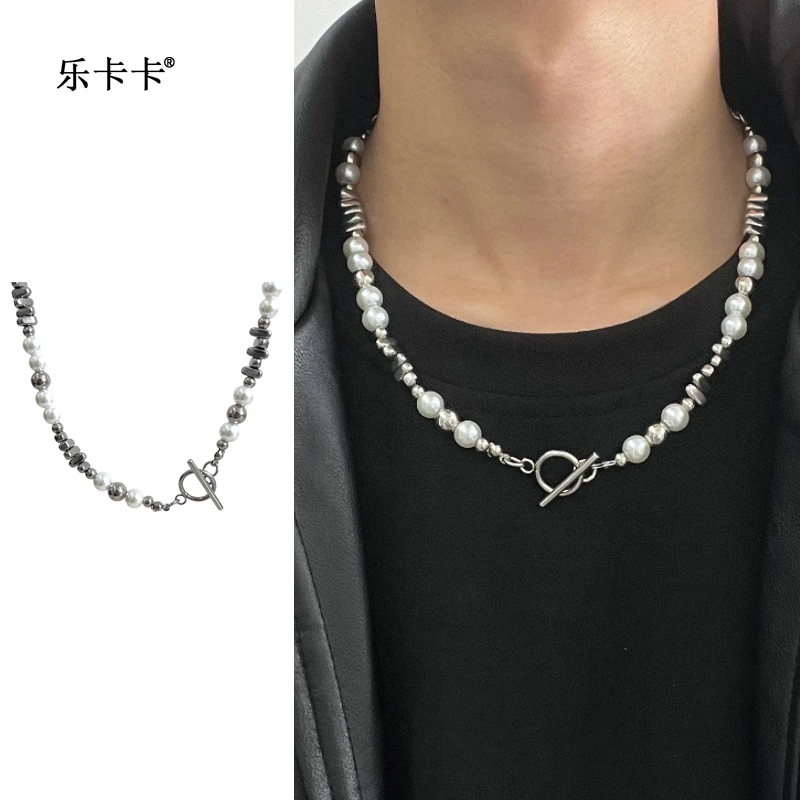 钛钢项链 冷淡风颈链男锁骨链小众配饰珍珠拼接设计感项链男嘻哈