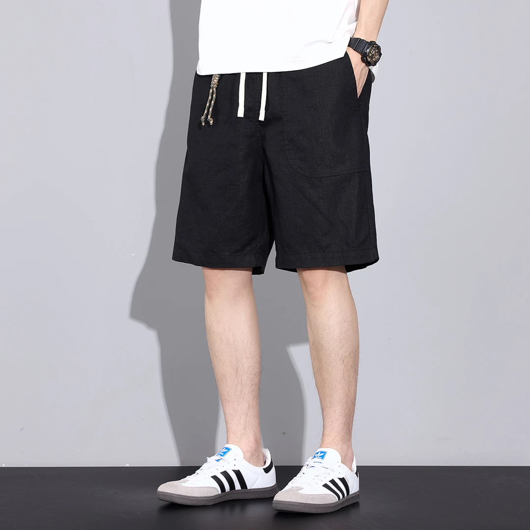 Kuvine2025夏季棉麻美式运动宽松百搭舒适户外简约五分休闲短裤男