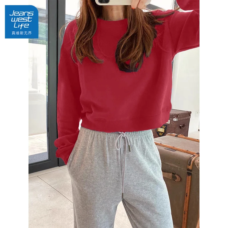 真维斯无界红色长袖休闲短款卫衣女生时尚百搭宽松春秋季小众韩版