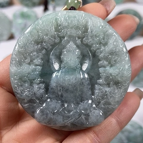 翡翠颈饰未镶嵌山水九龙大日如来两面工洒乌鸡料福利