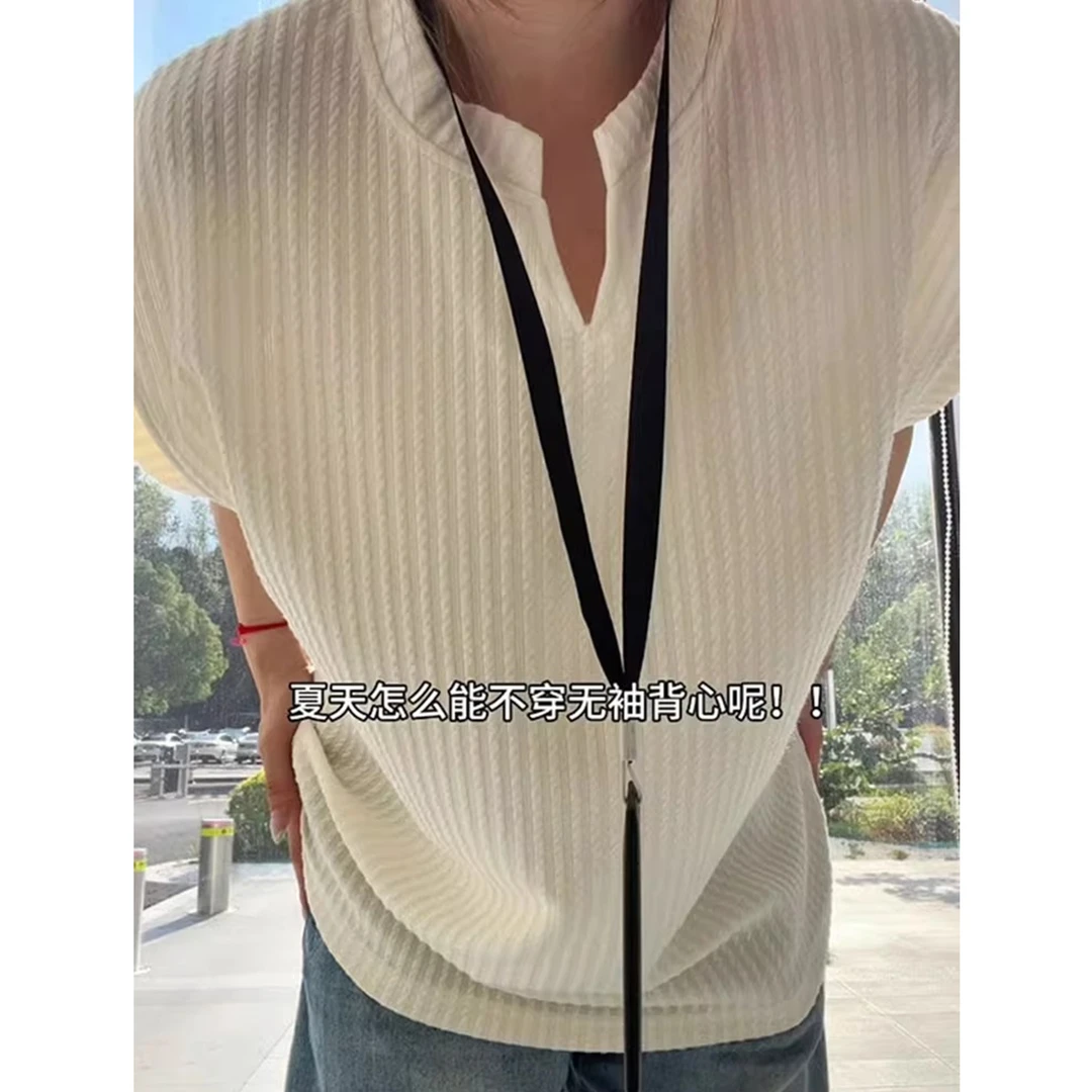 白色条纹坎肩背心男款夏季美式无袖v领t恤肌理感健身运动针织汗衫