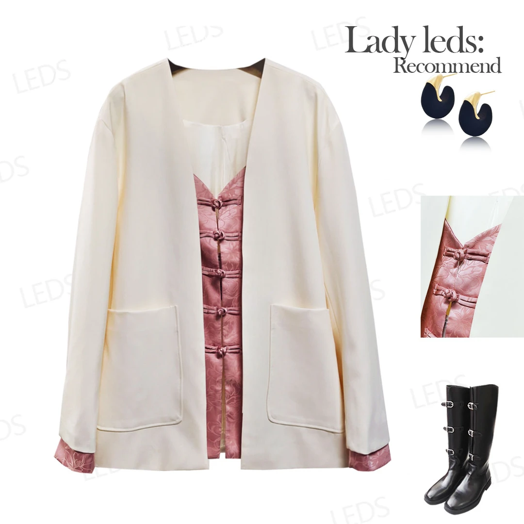 LEDS 66009早春新款时尚中式盘扣拼接粉色西服外套