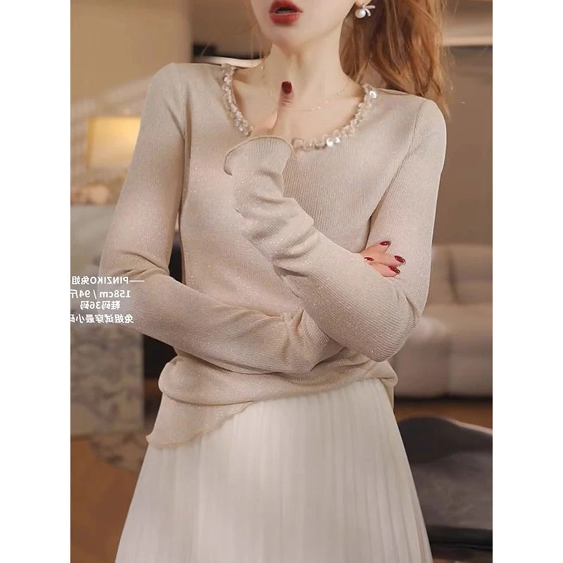 妈妈钉珠长袖针织t恤女春秋2025新款春装时尚修身内搭打底衫上衣