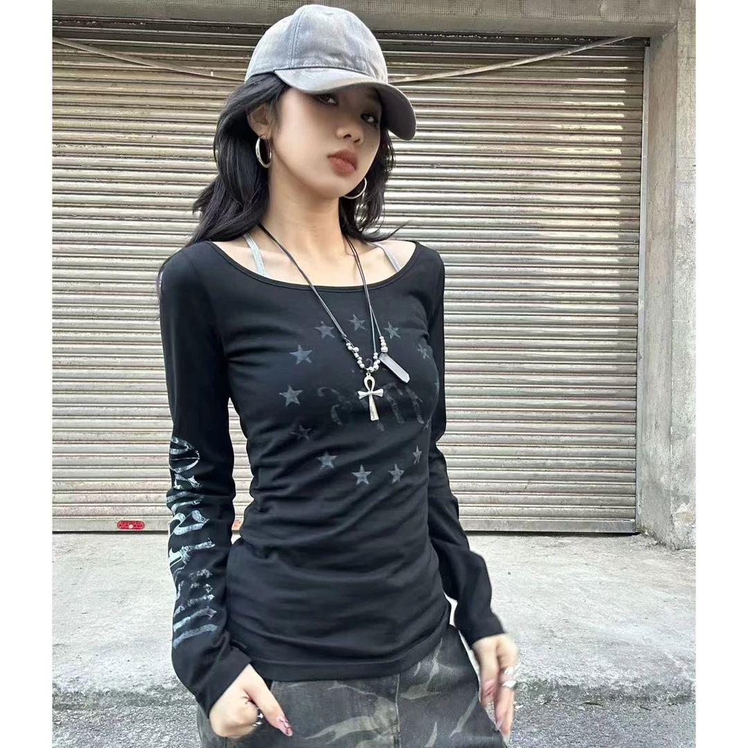 Pp【现现芝麻卷】暗黑风格修身微透大领口上衣辣妹个性长袖S250110