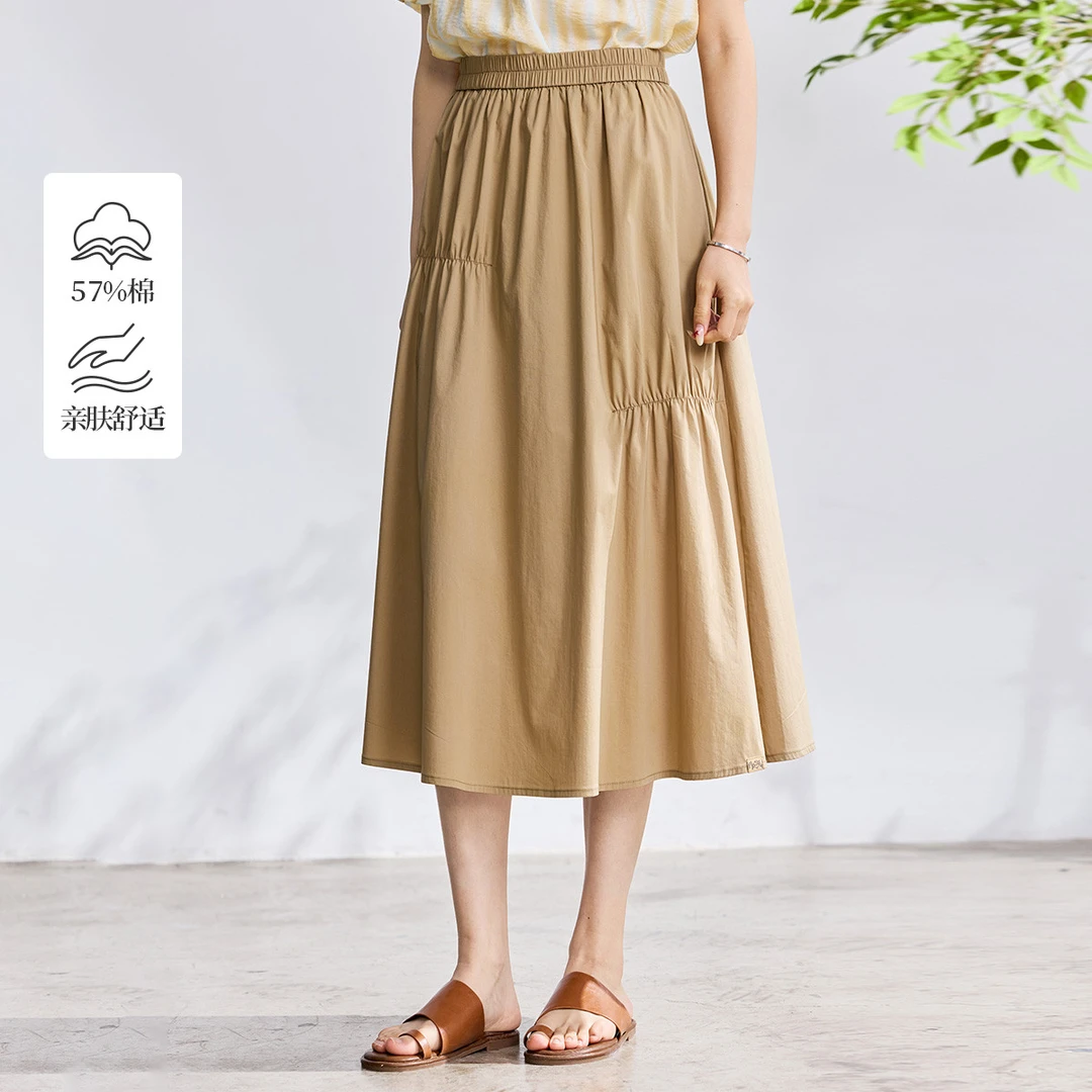 茵曼2025夏季新款女半身裙A字裙休闲高腰时尚长款百搭背带系带