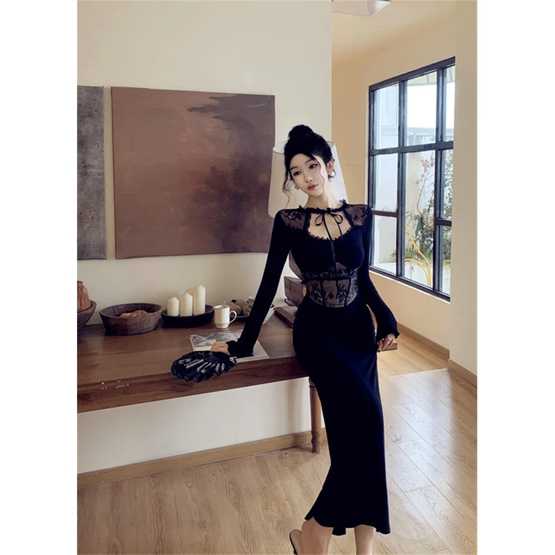 气质休闲蕾丝拼接长袖上衣女秋冬显瘦时尚纯欲性感修身鱼尾裙套装