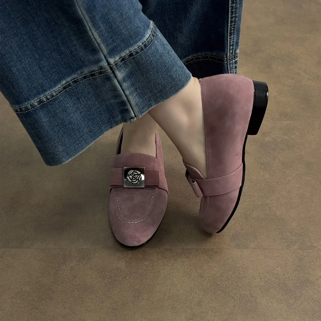 2cm/ED2345羊皮一脚蹬圆头粗跟乐福鞋女春季低跟复古时尚浅口单鞋