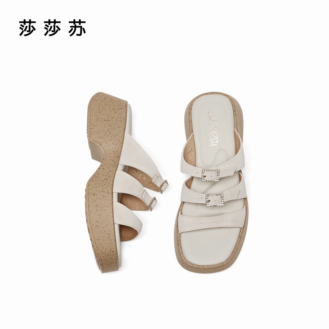 莎莎苏2025新款中跟厚底方头露趾防滑百搭拖鞋松糕鞋女ZA65124-41