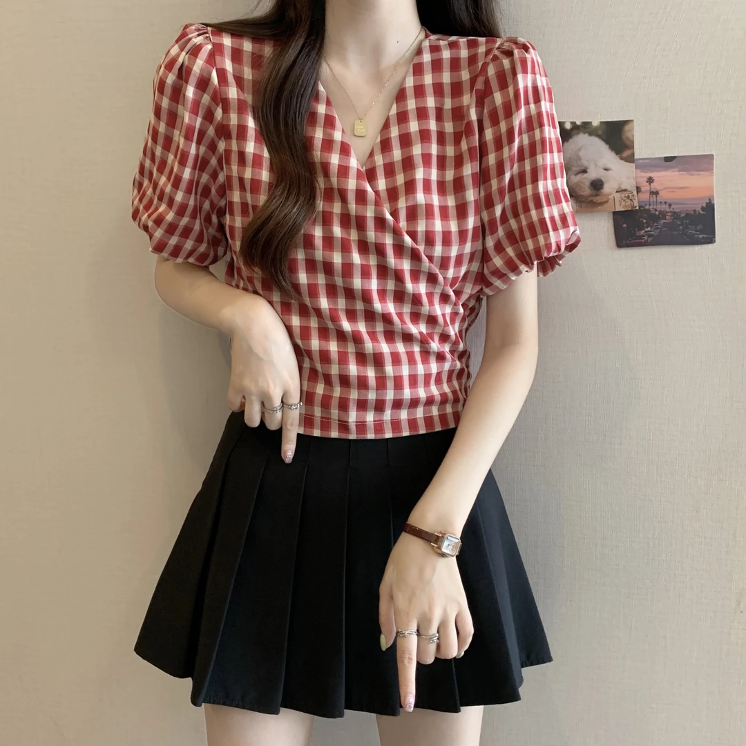 复古红色格子泡泡短袖衬衫女后绑带收腰设计感夏季短款雪纺衫上衣