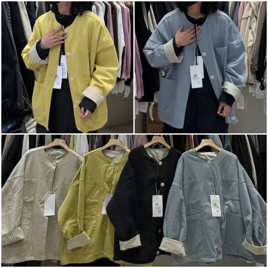 娜样美家 精选韩版圆领拼格子宽松大码简一家牛仔外套6207