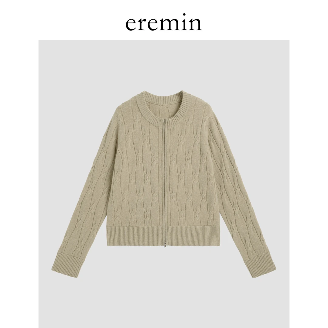 DE Mincollection绞花开衫/立体麻花全羊毛短款双拉链针织衫56114