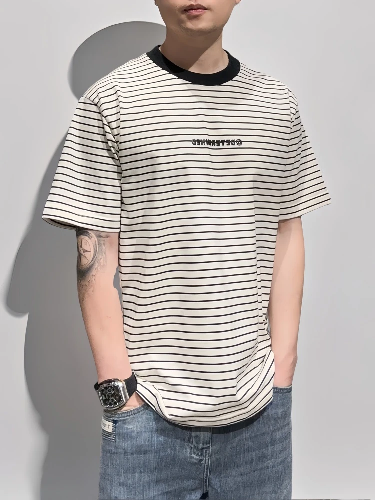 夏季新款简约圆领套头T恤男休闲条纹颜色拼接短袖舒适百搭个性
