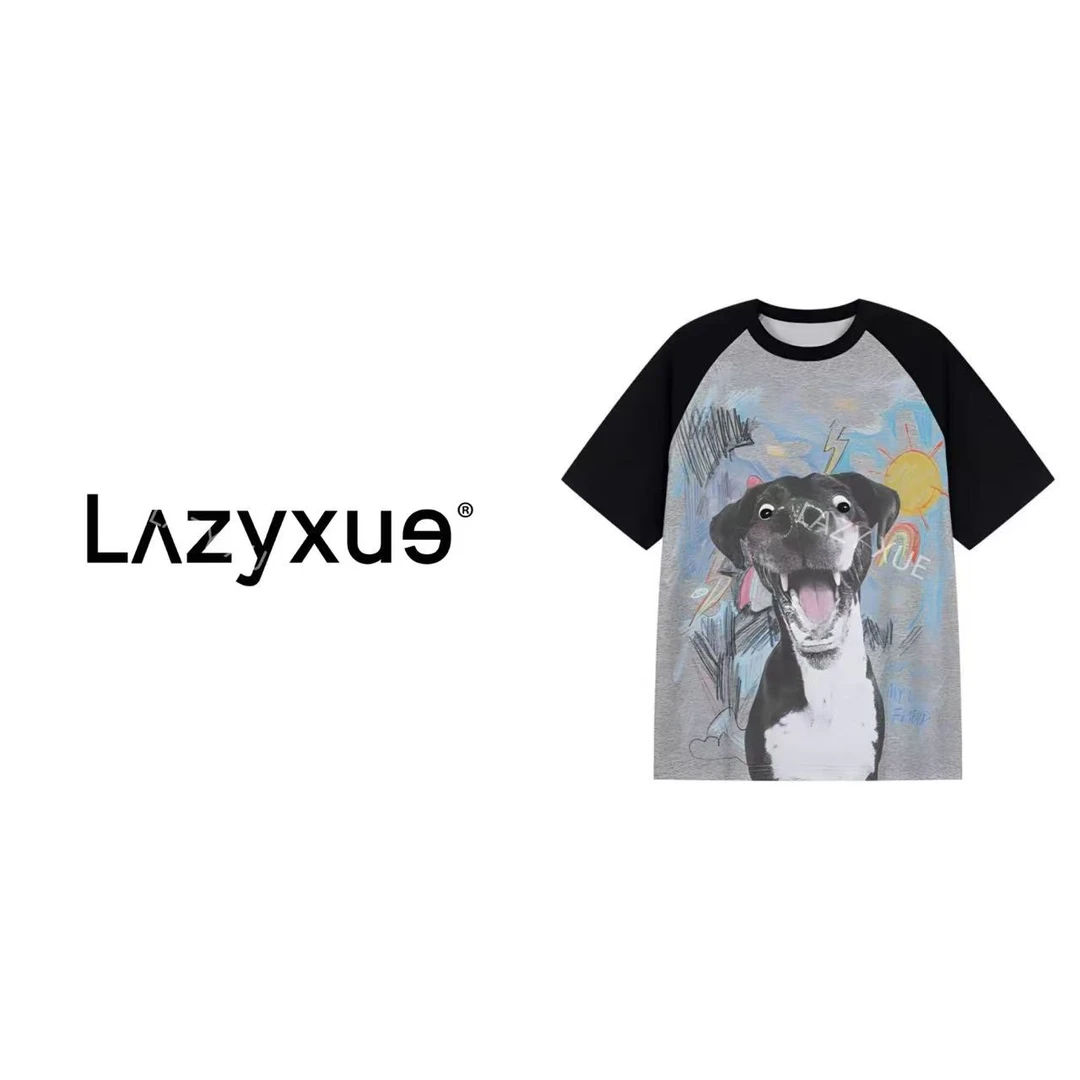 LAZYXUE薛懒懒/“插肩狗狗”夏日新款萌宠印花宽松圆领T恤 ZK142