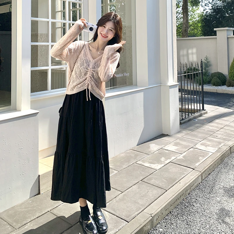 法式浪漫镂空针织罩衫吊带裙套装女春秋季气质温柔风连衣裙两件套