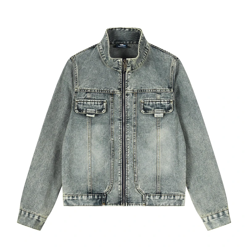 欧美街头嘻哈复古水洗纯色宽松休闲拼接个性中性风牛仔夹克外套秋