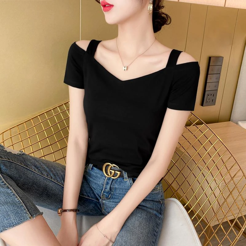 VOCKOO黑色一字肩短袖恤女2025年新款大领口露肩半袖领紧身吊带上