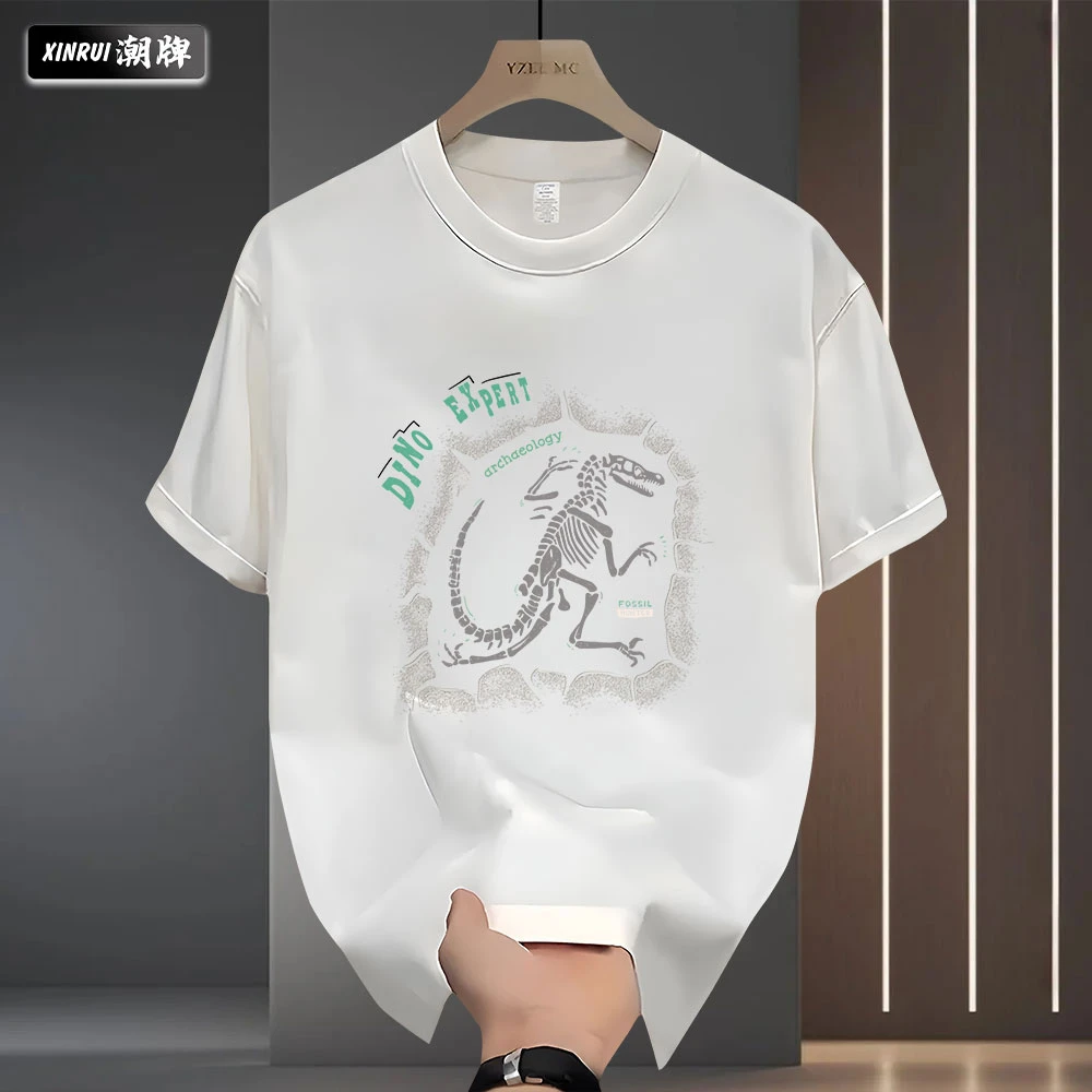 夏季新款小众美式潮流恐龙化石印花男女款圆领百搭纯棉重磅短袖