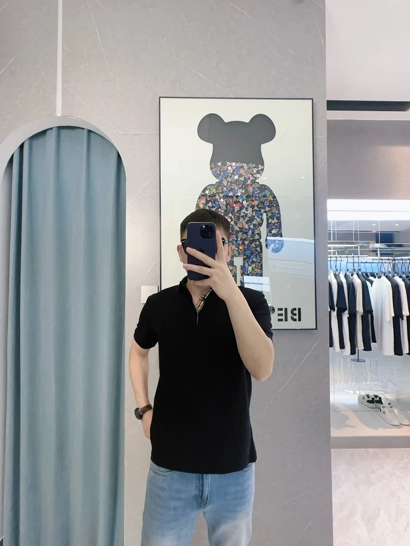 时尚潮流男士夏季新款POLO衫休闲简约格子拼接修身翻领短袖T恤棉