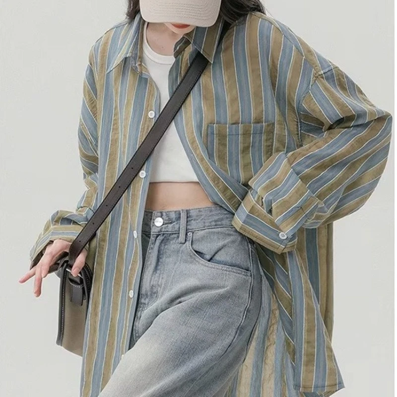 中长款防晒条纹衬衫女夏季港味复古chic小众独特别致上衣薄款衬衣