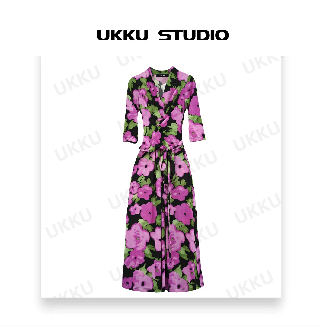 慧慧【UKKUSTUDIO】连衣裙赫本风时尚轻奢气质玫紫色连衣裙312516