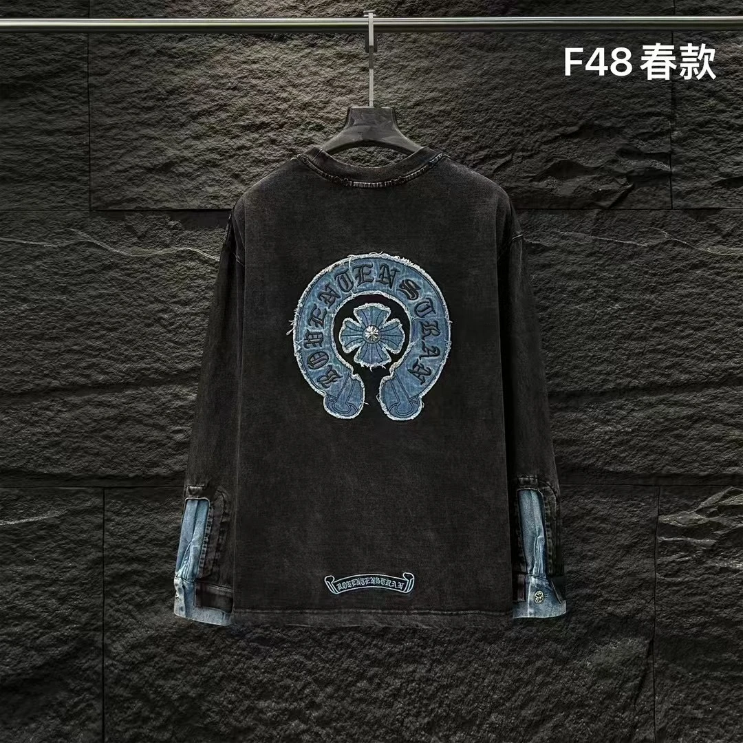 早春百搭单品水洗做旧牛仔刺绣爆款圆领卫衣男女同款
