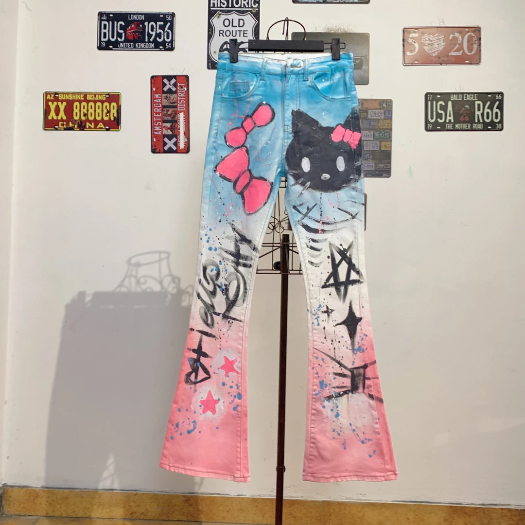 凯凯猫弹力喇叭裤-2025原创春装复古潮流时尚美式街头风