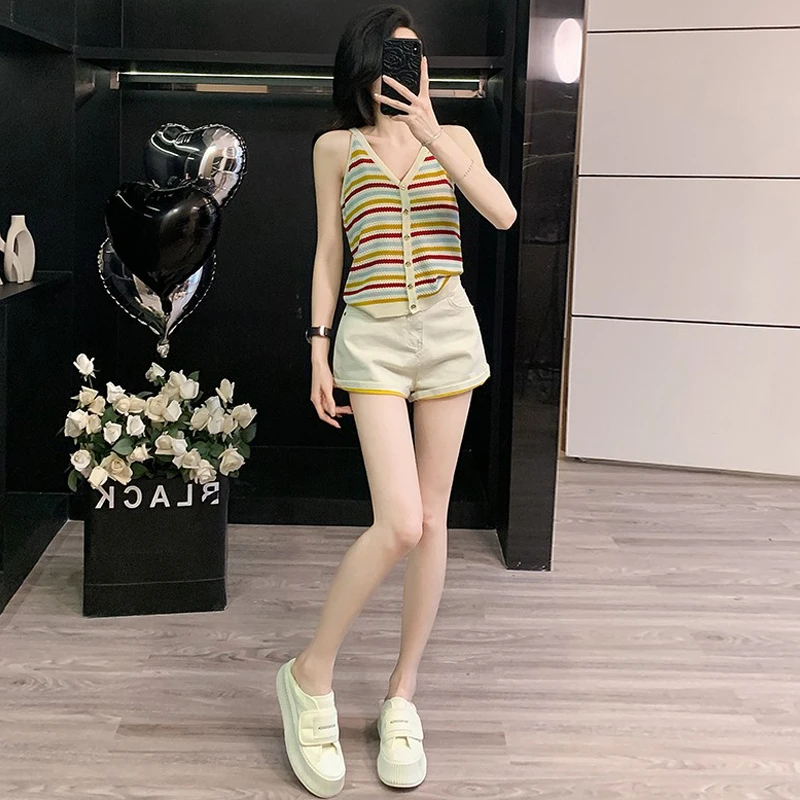 撞色条纹挂脖针织背心女夏季纯欲V领无袖显瘦时尚短裤套装两件套