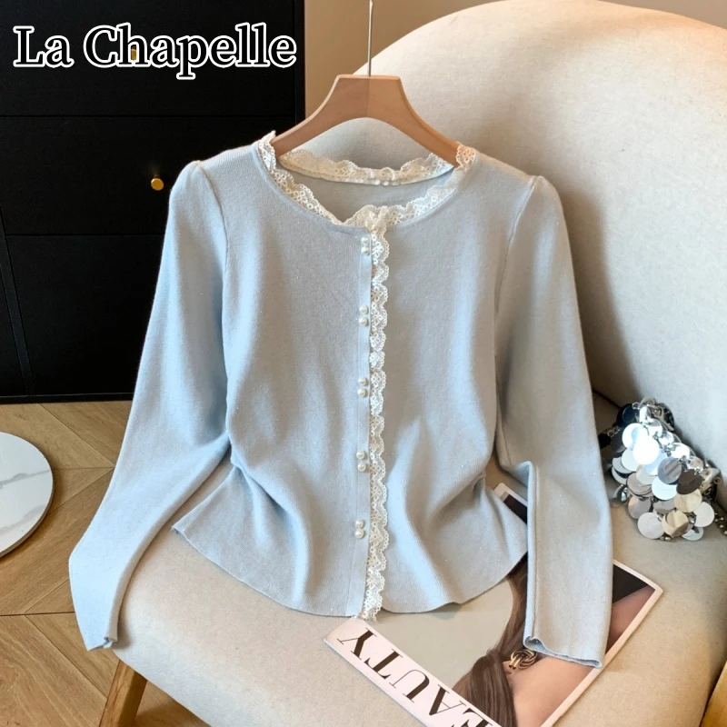 拉夏贝尔秋季韩版圆领拼接蕾丝长袖针织衫女甜美百搭宽松显瘦上衣