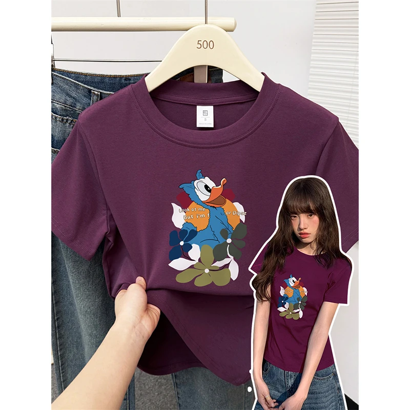 【运补】高弹设计感正肩显瘦短袖t恤女休闲卡通印花修身打底衫上衣